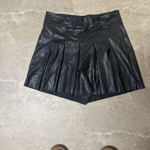 Black Pleated Faux Leather Skort